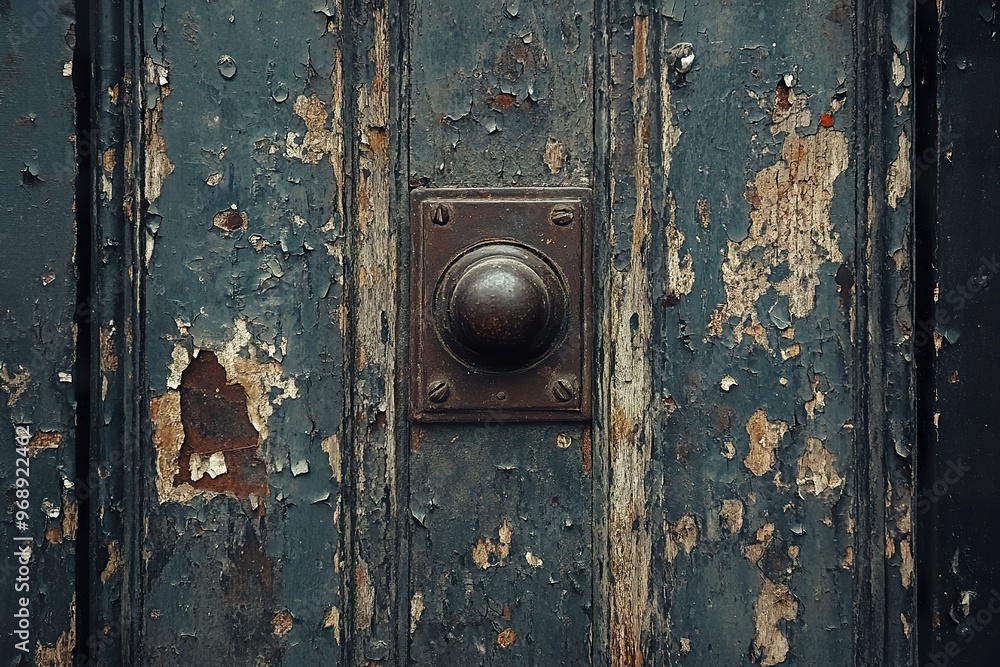A rough weather beaten wooden door with peeling paint and visible nail heads A rough weather beaten wooden door with peeling paint and visible nail heads