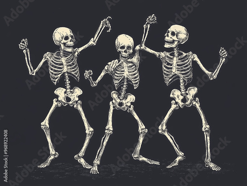 Skeletons dancing and having fun at a Halloween party