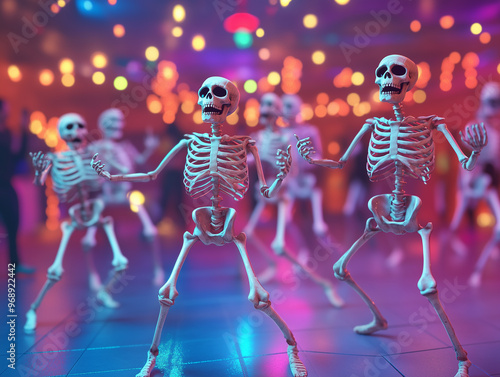 Skeletons dancing and having fun at a Halloween party