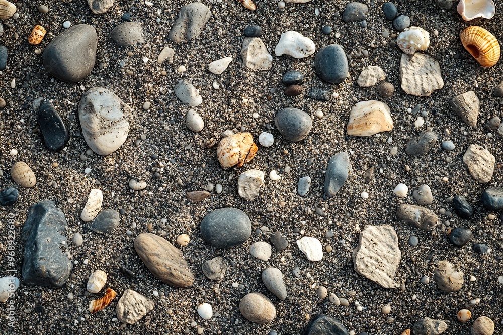 A rugged sandy beach texture with small pebbles and shells scattered throughout A rugged sandy beach texture with small pebbles and shells scattered throughout