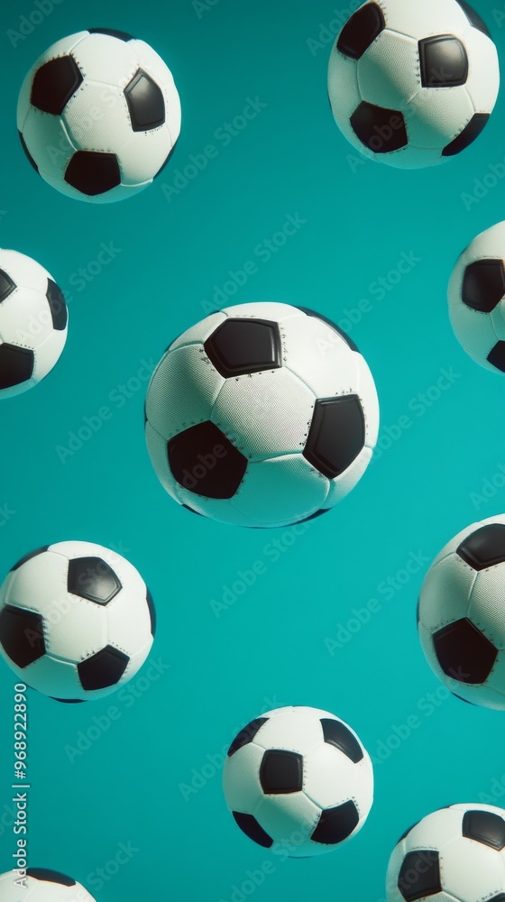 Floating soccer balls on teal background, sports concept Floating soccer balls on teal background, sports concept