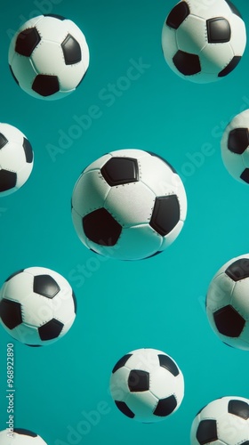 Floating soccer balls on teal background, sports concept