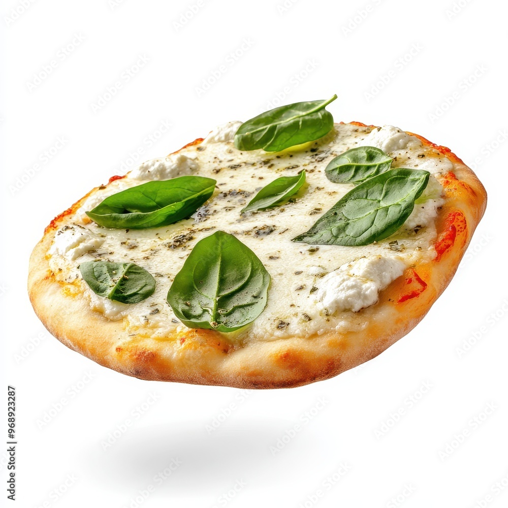 A floating pizza topped with spinach and cheese, showcasing a delicious food presentation. A floating pizza topped with spinach and cheese, showcasing a delicious food presentation.