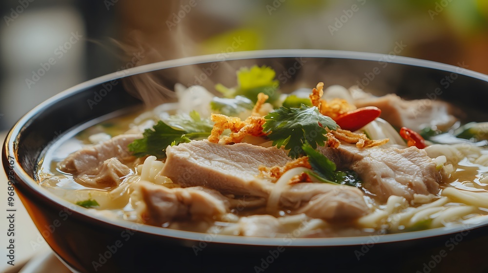 Close-up of a steaming bowl of pork noodle soup, tender pork slices, fresh vegetables, rice noodles, rich savory broth, garnished with cilantro and fried garlic, natural light enhancing the colors Close-up of a steaming bowl of pork noodle soup, tender pork slices, fresh vegetables, rice noodles, rich savory broth, garnished with cilantro and fried garlic, natural light enhancing the colors