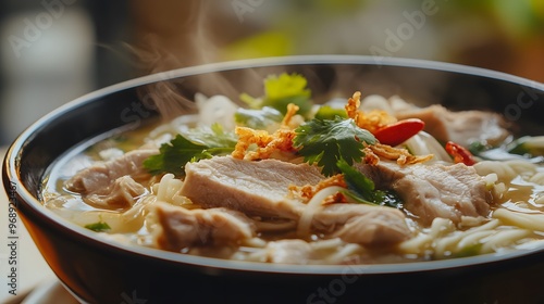 Close-up of a steaming bowl of pork noodle soup, tender pork slices, fresh vegetables, rice noodles, rich savory broth, garnished with cilantro and fried garlic, natural light enhancing the colors