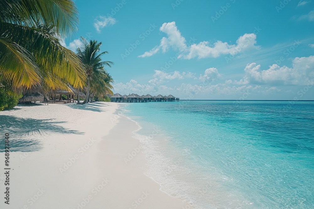A serene beach scene in the Maldives with crystal clear turquoise waters white sand and overwater bungalows A serene beach scene in the Maldives with crystal clear turquoise waters white sand and overwater bungalows