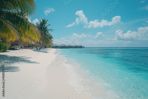 Fototapeta Naklejka Na Ścianę i Meble -  A serene beach scene in the Maldives with crystal clear turquoise waters white sand and overwater bungalows