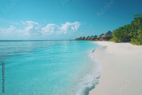 Fototapeta Naklejka Na Ścianę i Meble -  A serene beach scene in the Maldives with crystal clear turquoise waters white sand and overwater bungalows
