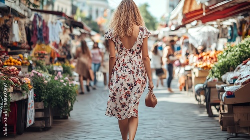 A woman walks through a crowded marketplace.