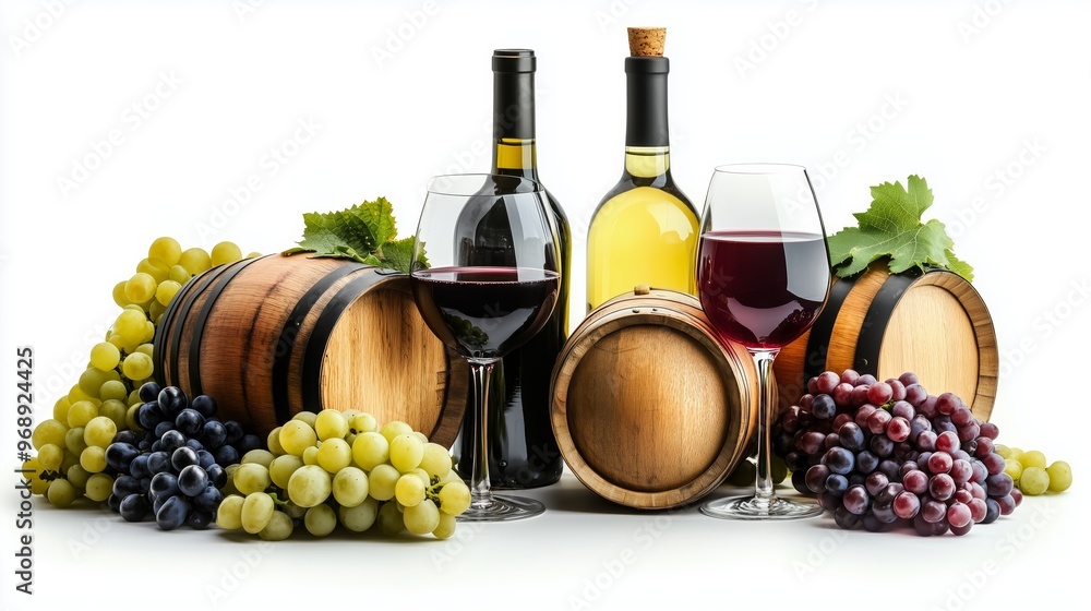 Obraz premium Assorted wine bottles and barrels surrounded by grapes in a rustic vineyard settings