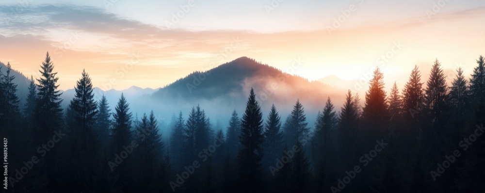 Fototapeta premium A muted gradient background featuring a misty mountain silhouette.