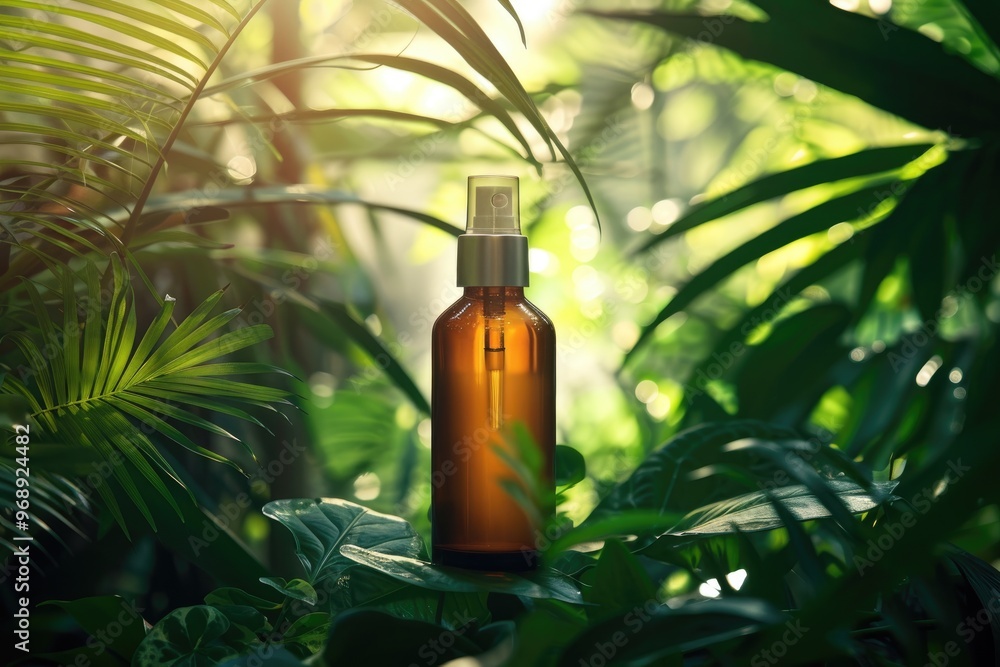Eco-Friendly Beauty Product in Lush Green Jungle with Sunlight Filtering Through Leaves Eco-Friendly Beauty Product in Lush Green Jungle with Sunlight Filtering Through Leaves