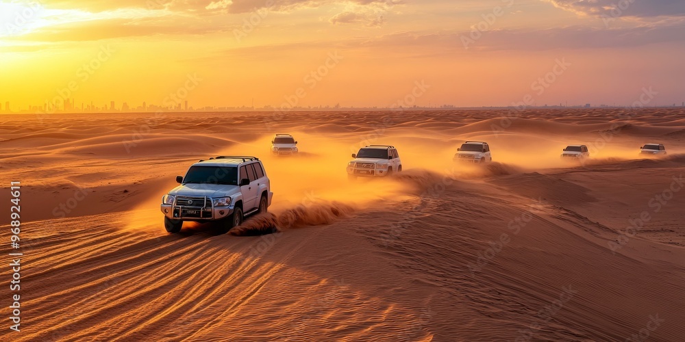 Off-road vehicles driving on desert dunes at sunset. Off-road vehicles driving on desert dunes at sunset.