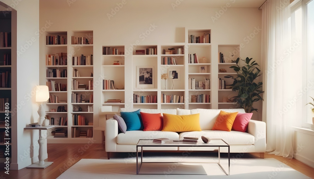 Photo modern style interior room 3d illustration Interior frame living room with colorful white sofa Photo modern style interior room 3d illustration Interior frame living room with colorful white sofa