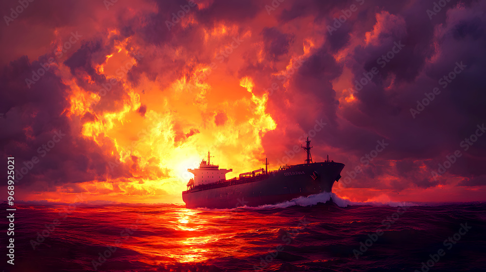 cargo ship sails into the horizon, framed by a cinematic sunset that fills the sky with deep, glowing oranges and purples cargo ship sails into the horizon, framed by a cinematic sunset that fills the sky with deep, glowing oranges and purples