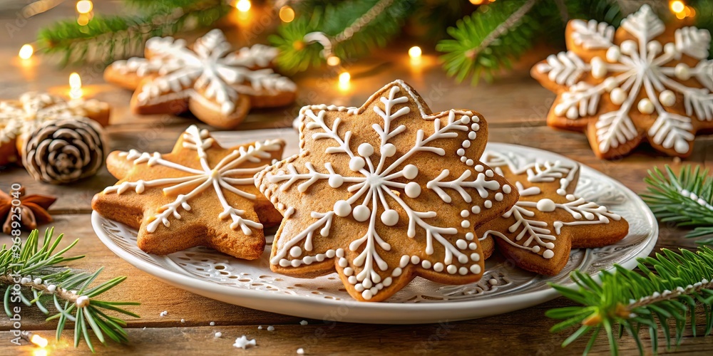 Gingerbread snowflake cookies for a festive Christmas table setting Gingerbread snowflake cookies for a festive Christmas table setting