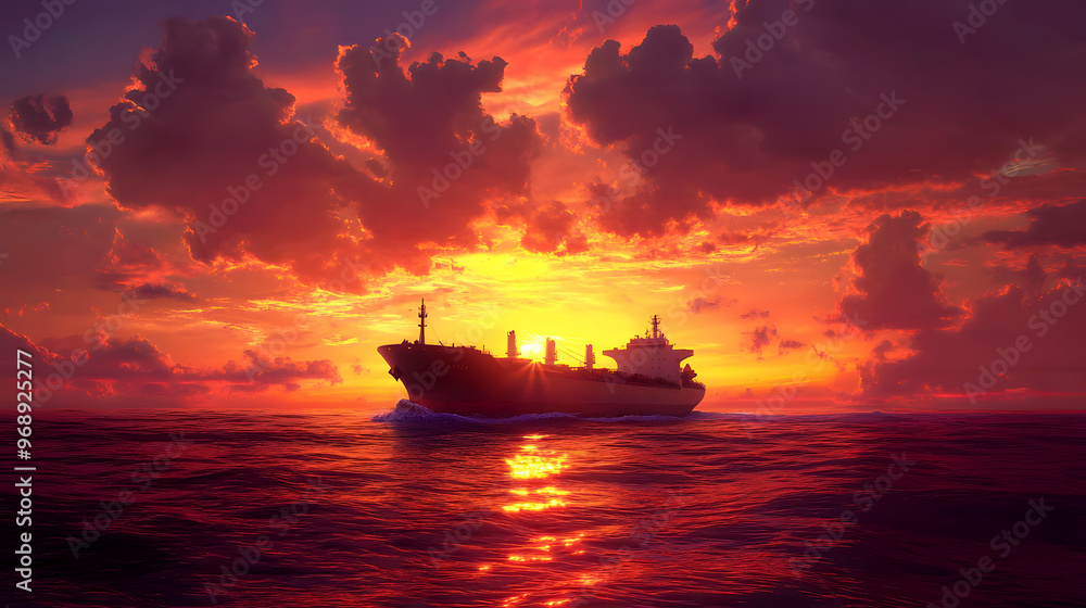 cargo ship sails into the horizon, framed by a cinematic sunset that fills the sky with deep, glowing oranges and purples cargo ship sails into the horizon, framed by a cinematic sunset that fills the sky with deep, glowing oranges and purples