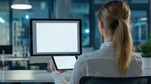 A woman holding a digital tablet with an empty screen, facing a blank desktop monitor in a modern office setting