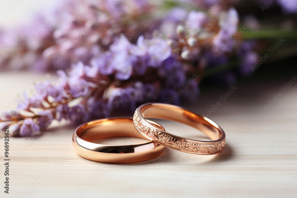 Copper wedding rings with lavender flowers on wooden surface, perfect for romantic and wedding themes Copper wedding rings with lavender flowers on wooden surface, perfect for romantic and wedding themes