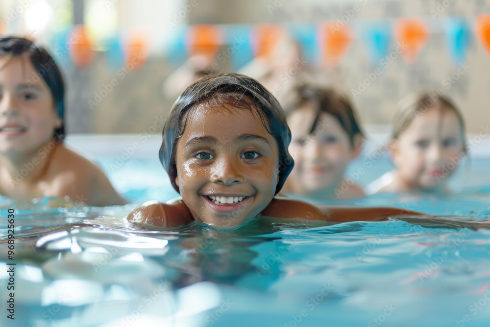 Obraz premium Diverse young children enjoying swimming lessons and having fun in indoor pool