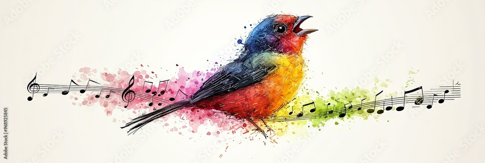 A colorful bird is shown singing with musical notes in an abstract style, reflecting the emotional and creative aspects of music and nature in a vivid, artistic form. A colorful bird is shown singing with musical notes in an abstract style, reflecting the emotional and creative aspects of music and nature in a vivid, artistic form.