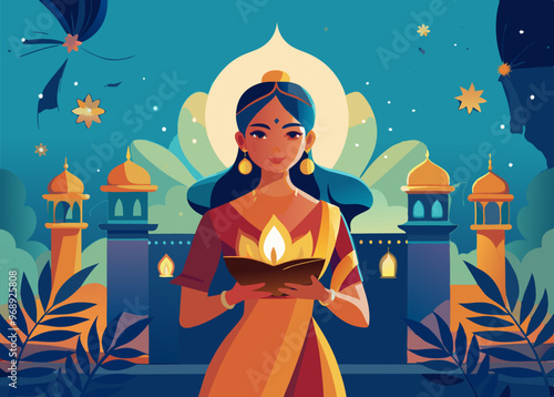 Diwali celebration with girl holding candle amid festive lights and decorations