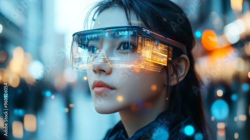 Wallpaper Mural AI-enhanced smart glasses providing live information overlays in real-world scenarios: A person walking through a city, with AR glasses displaying important information. Torontodigital.ca