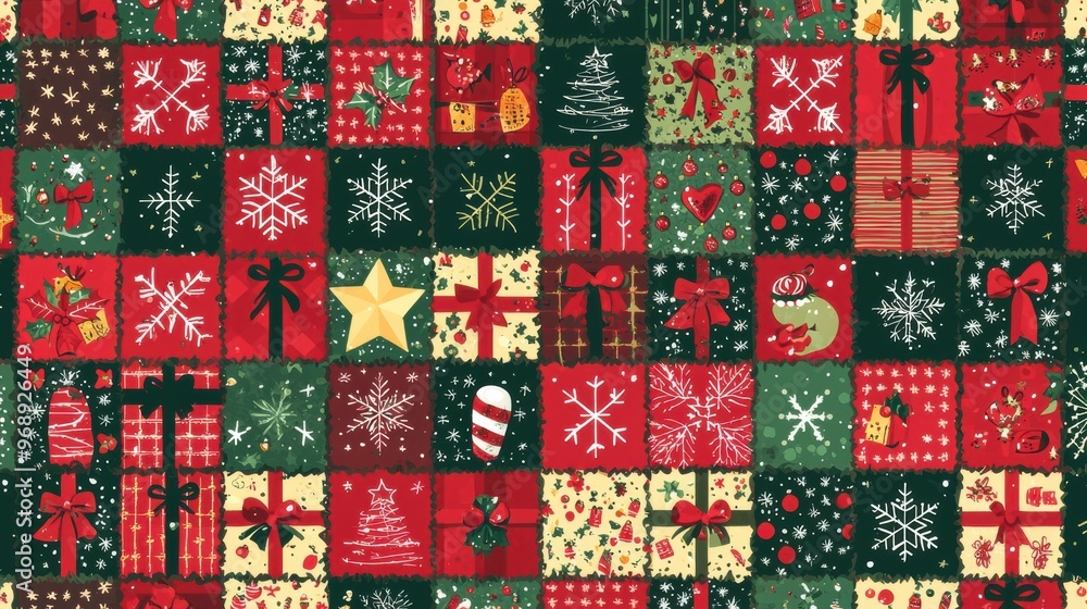A patchwork christmas quilt with presents and snowflakes A patchwork christmas quilt with presents and snowflakes