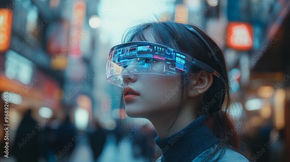 AI-enhanced smart glasses providing live information overlays in real-world scenarios: A person walking through a city, with AR glasses displaying important information. AI-enhanced smart glasses providing live information overlays in real-world scenarios: A person walking through a city, with AR glasses displaying important information.