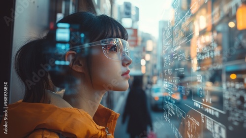 AI-enhanced smart glasses providing live information overlays in real-world scenarios: A person walking through a city, with AR glasses displaying important information.