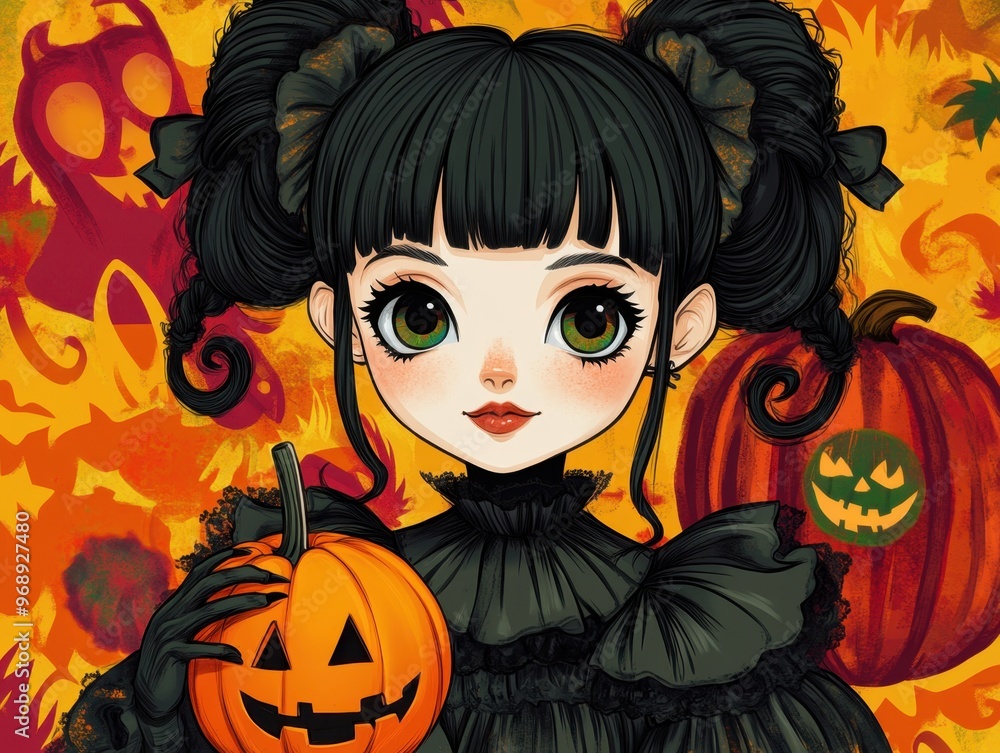 Gothic girl with jack-o'-lantern and curly hair against vibrant Halloween background Gothic girl with jack-o'-lantern and curly hair against vibrant Halloween background