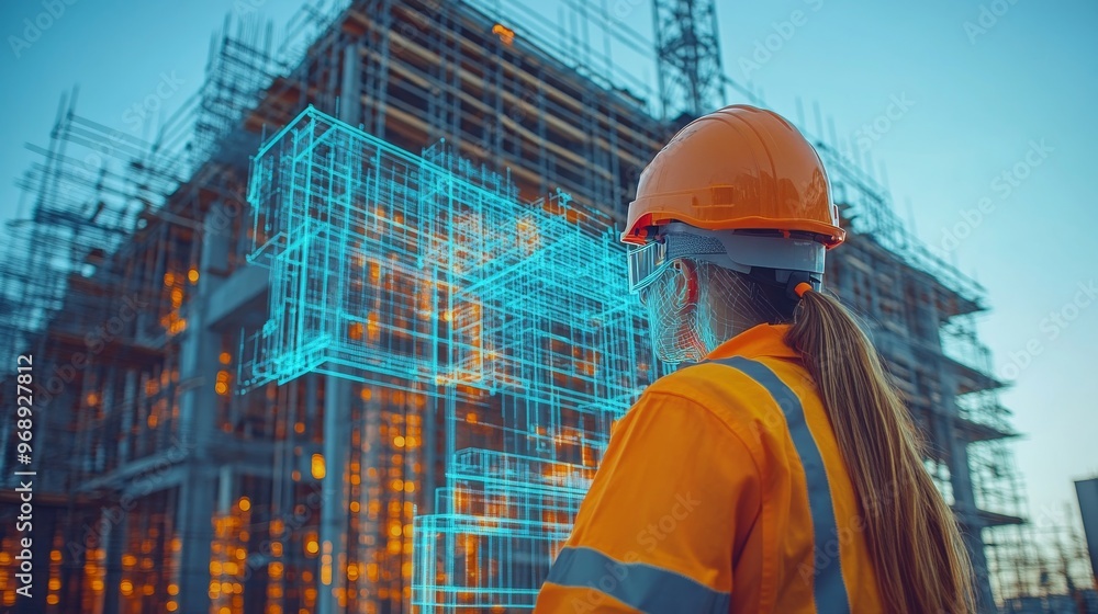 AI-enhanced smart helmets providing AR construction blueprints on-site: Workers building a structure while AR blueprints are overlaid onto their field of view. AI-enhanced smart helmets providing AR construction blueprints on-site: Workers building a structure while AR blueprints are overlaid onto their field of view.