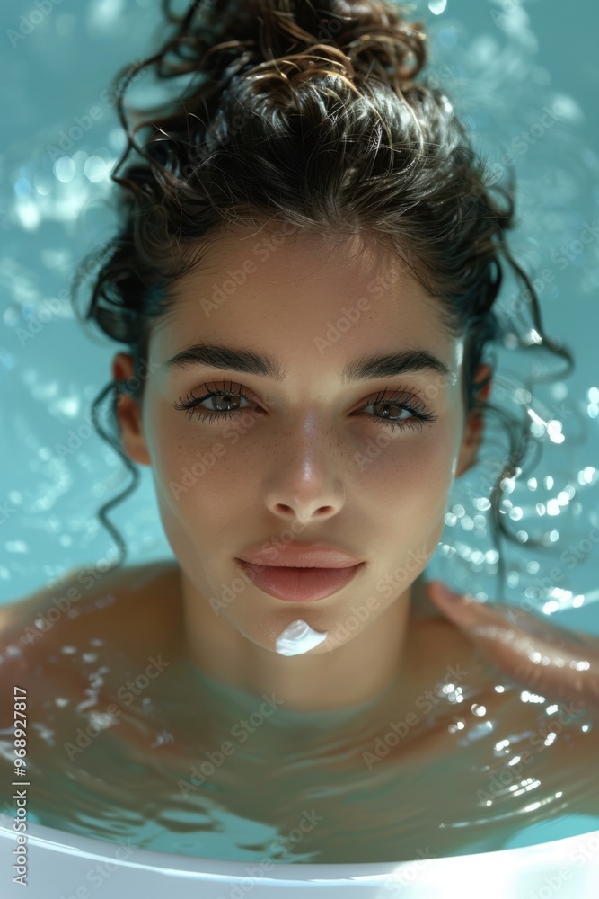 Woman applying cream, indoor spa pool, gentle ambient music, promoting smooth skin, tranquil scene. Woman applying cream, indoor spa pool, gentle ambient music, promoting smooth skin, tranquil scene.