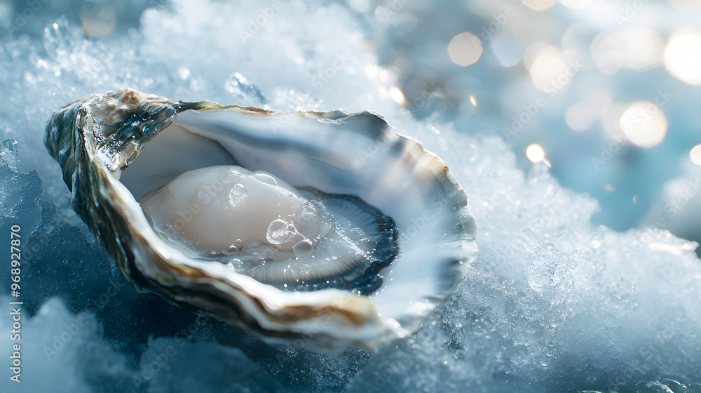 Close-up of an oyster with its delicate flesh exposed, resting on ice Close-up of an oyster with its delicate flesh exposed, resting on ice