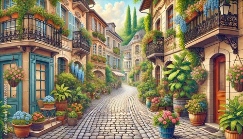 Charming European Street with Cobblestones and Potted Plants