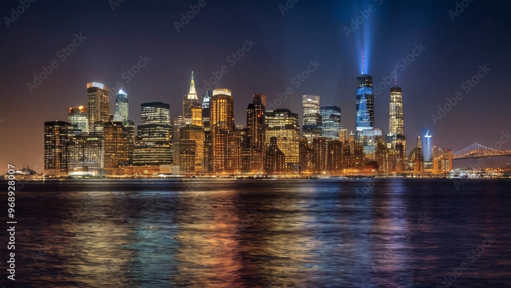 Naklejka premium Glowing City Skyline Reflecting on Water at Night