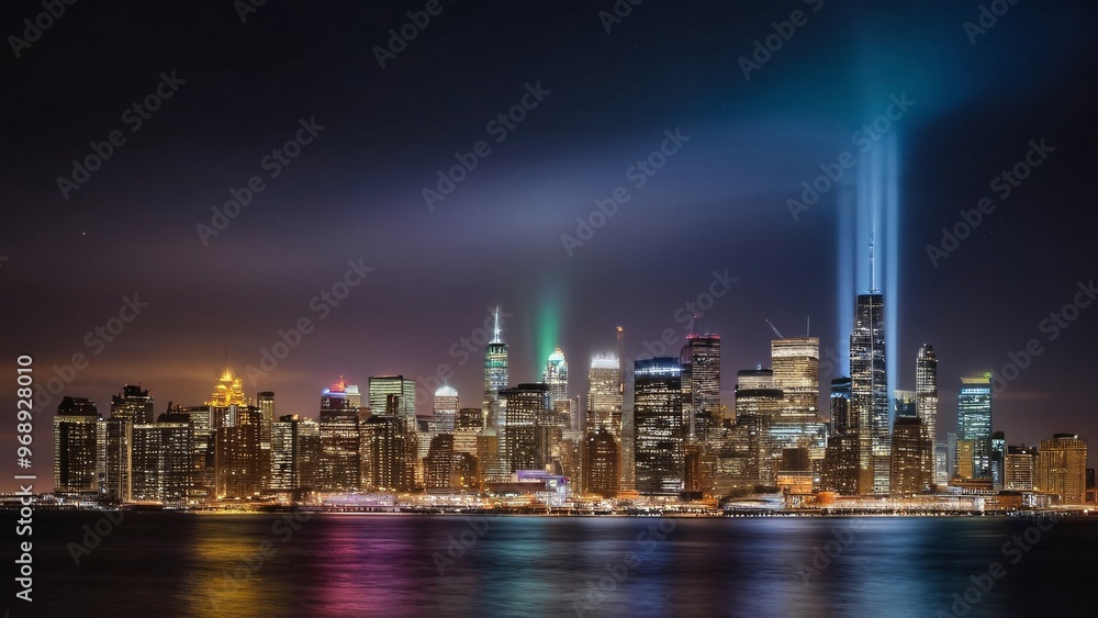 Glowing City Skyline Reflecting on Water at Night Glowing City Skyline Reflecting on Water at Night