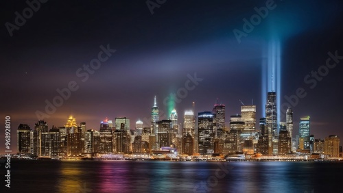 Glowing City Skyline Reflecting on Water at Night