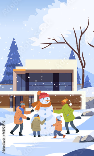 Family building snowman winter scene modern house background snowy landscape holiday fun