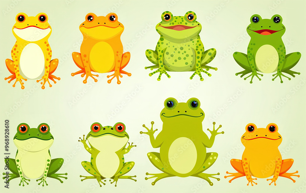 Obraz premium Different frogs in shape, size and color next to each other in an illustrative style 