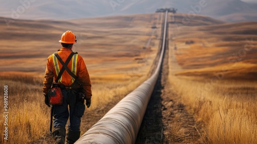 Worker in safety gear inspecting an oil pipeline in a remote field photo