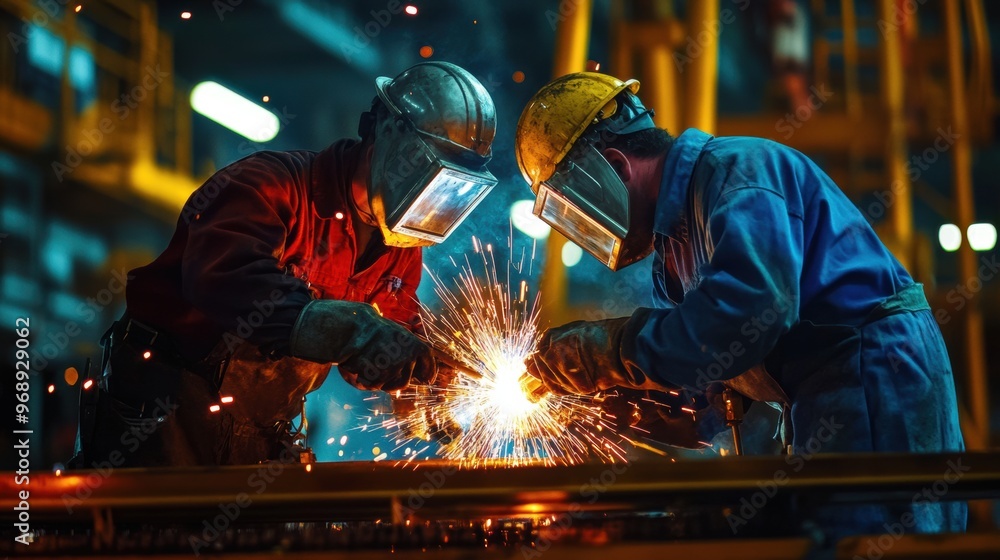 Workers welding metal components on an oil rig during maintenance Workers welding metal components on an oil rig during maintenance