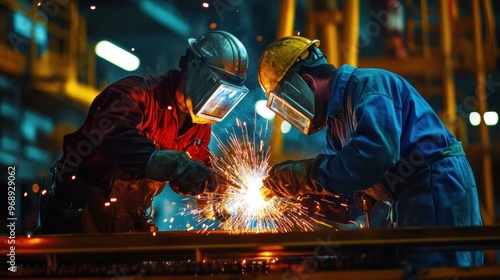 Workers welding metal components on an oil rig during maintenance