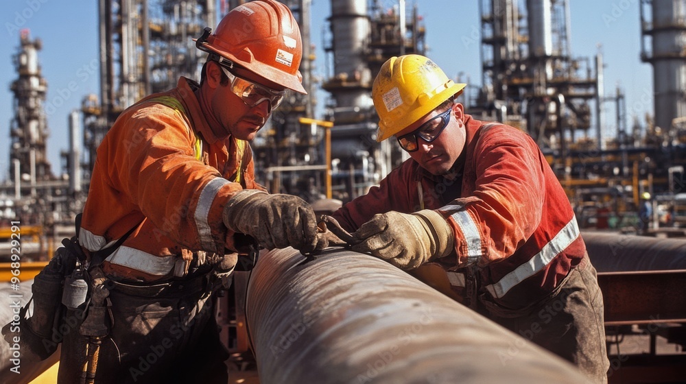 Oil field workers connecting pipes during an expansion project at a refinery Oil field workers connecting pipes during an expansion project at a refinery