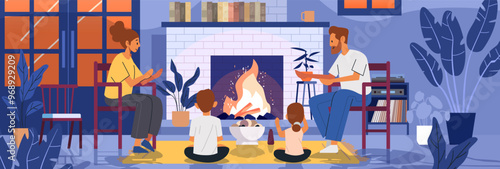 Family sitting by fireplace cozy living room. Parents and children gathered around fire enjoying warm atmosphere. Modern interior with plants bookshelves window