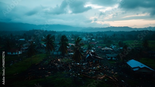 A desolate village after an earthquake, homes shattered, roofs collapsed, and trees violently uprooted, debris scattered across the scene, cloudy sky adding gloom photo