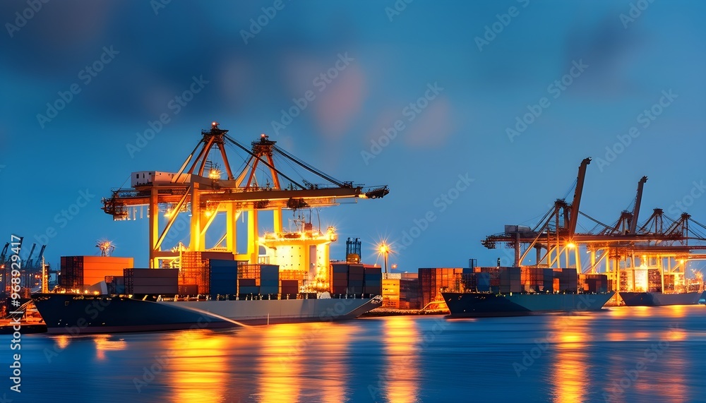 Dynamic harbor landscape showcasing cranes, ships, and shipping ...