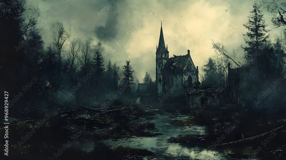 Fototapeta premium A devastated forest scene with fallen trees, abandoned houses in ruins, surreal, watercolor, muted tones, detailed textures, melancholic atmosphere