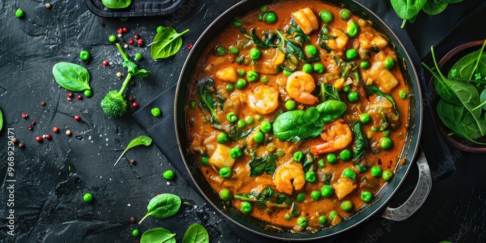 Seafood curry with fresh spinach and green peas made at home Seafood curry with fresh spinach and green peas made at home