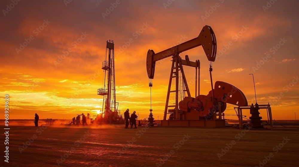 Oil field during sunrise with workers performing maintenance on drilling equipment Oil field during sunrise with workers performing maintenance on drilling equipment